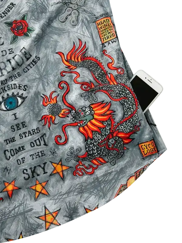Men's cycling shorts with fiery dragon graphic, stars, and tattoo-style text design