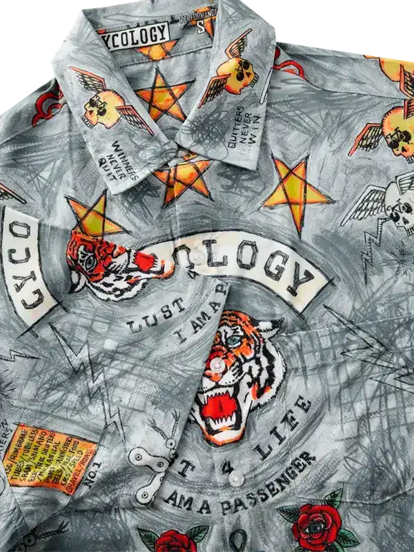 Men's cycling shirt with tiger, skull, and star print on grey fabric