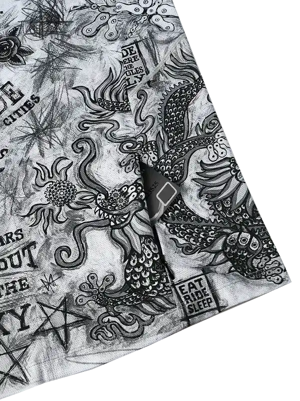 Men's cycling jersey with dragon and tattoo-style graphic print, 'Eat Ride Sleep' text, black and white design