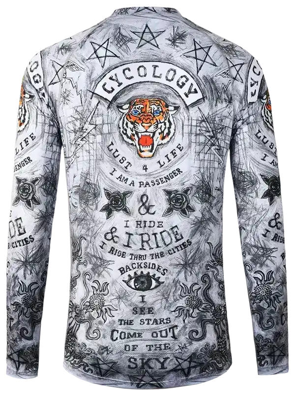 Men's cycling jersey with tiger graphic, stars, and bold text design for urban rides