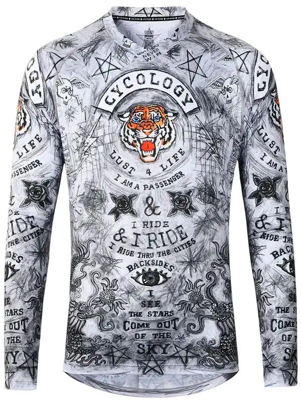 Men's cycling jersey with tiger graphic, stars, and edgy designs for urban rides