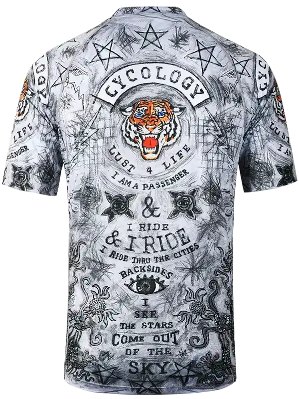 Men's cycling jersey with tiger graphic, stars, and bold text design for road bike rides