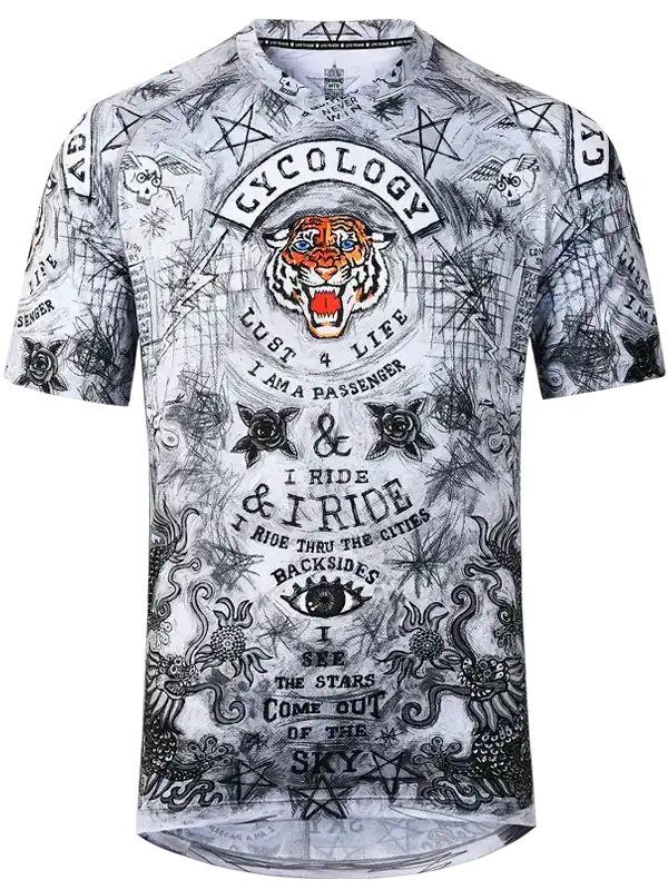 Men's cycling jersey with tiger graphic, occult symbols, and bold text for road biking adventures
