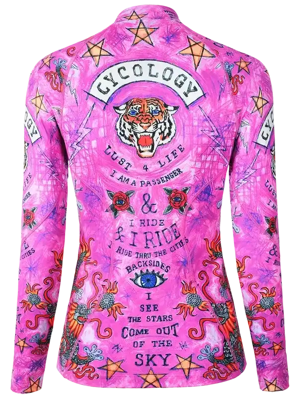 Pink women's cycling jersey with tiger, stars, and 'Cycology' graphic design for road bike rides