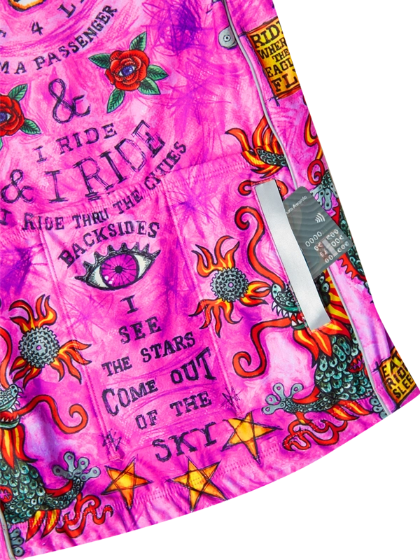 Pink long sleeve cycling jersey with a tiger and graphic designs back pockets