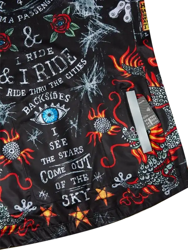Black cycling jacket with bold graphic print, flames, roses, and eye design for men's and women's rides
