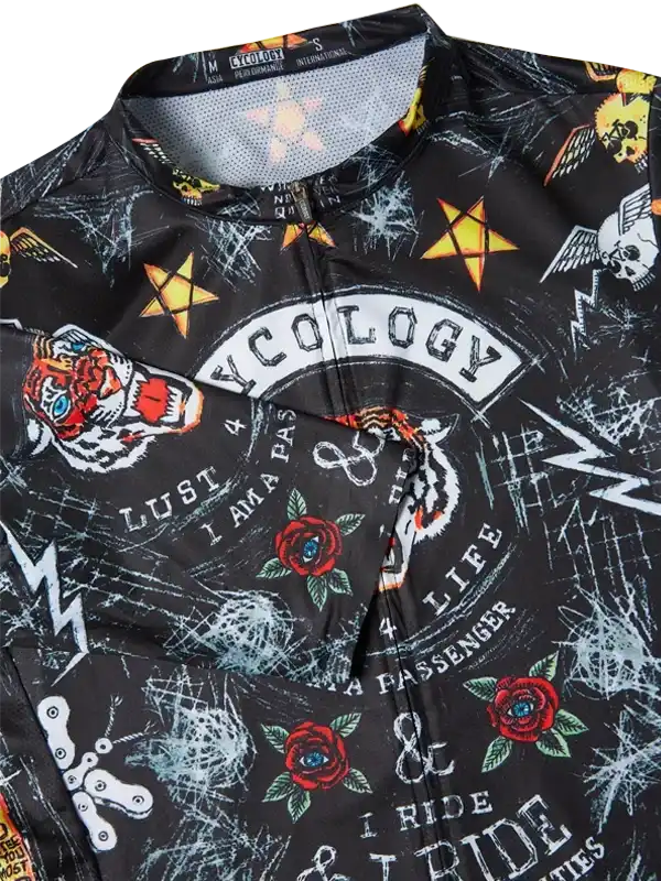 Men's cycling jersey with bold tiger, roses, and stars print on black fabric