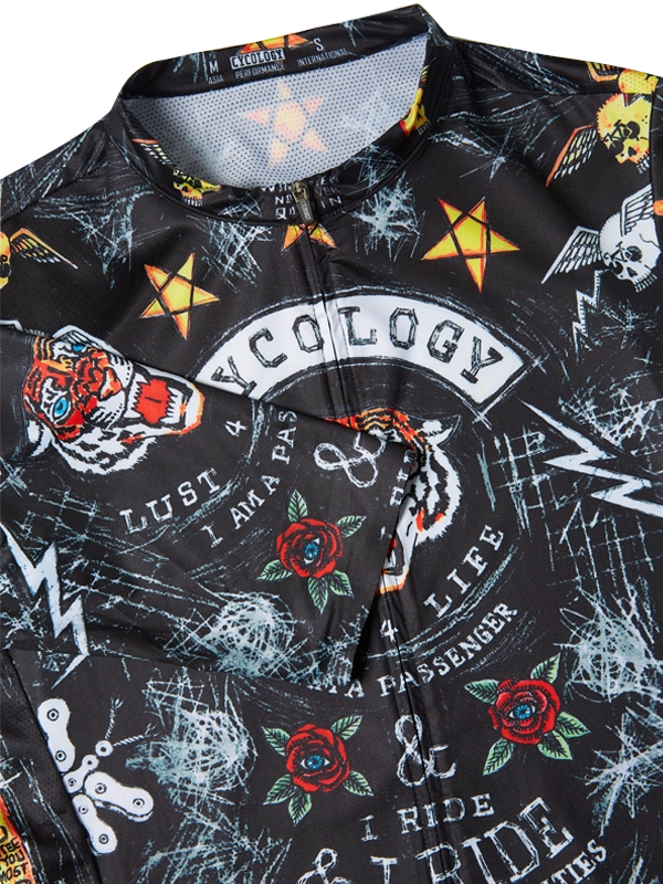 Black  cycling jersey with colorful graphics and text, featuring a tiger and various designs.