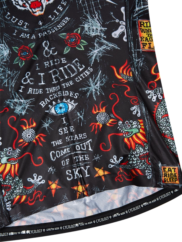 Close-up of a black graphic jersey with colorful designs and text.