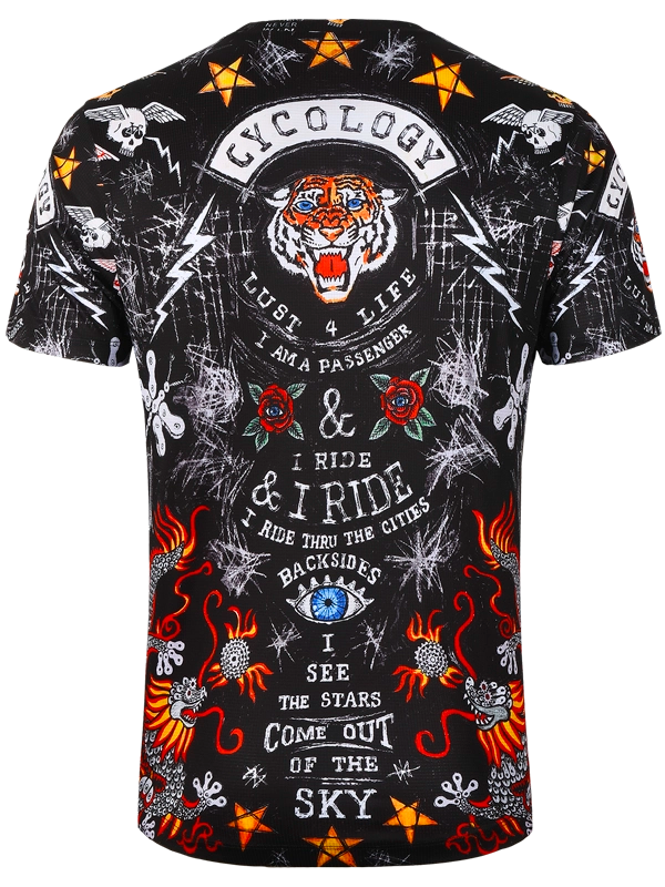 Men's Black Technical t-shirt with colorful graphic design featuring text and symbols 