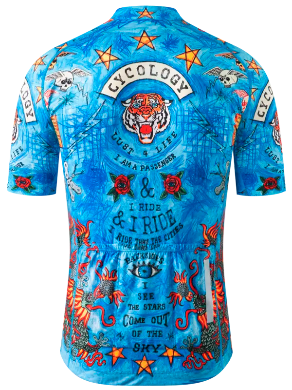 Blue cycling jersey with colorful graphics and text background