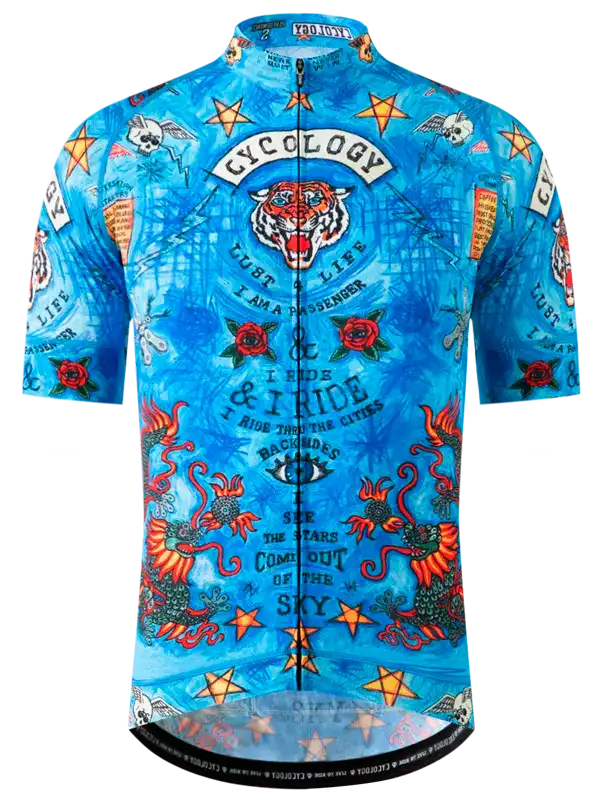 Blue men's cycling jersey with tiger, roses, and stars design, featuring bold graphics and text for road biking