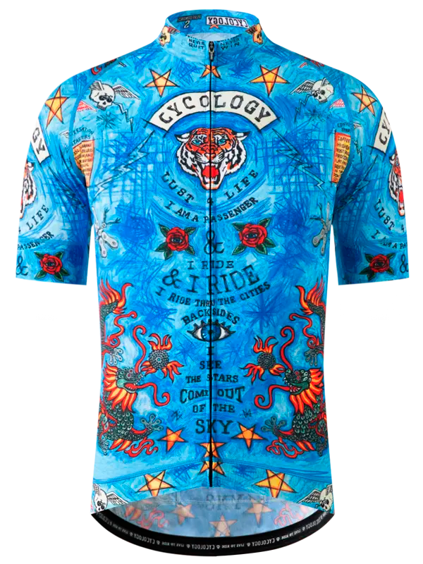  Men's Short Sleeve Cycling blue jersey with colorful tiger design 