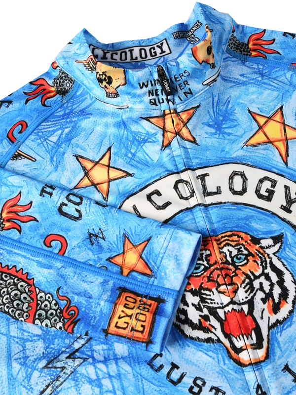 close up of Blue men's long sleeve cycling jersey with colorful graphics and text