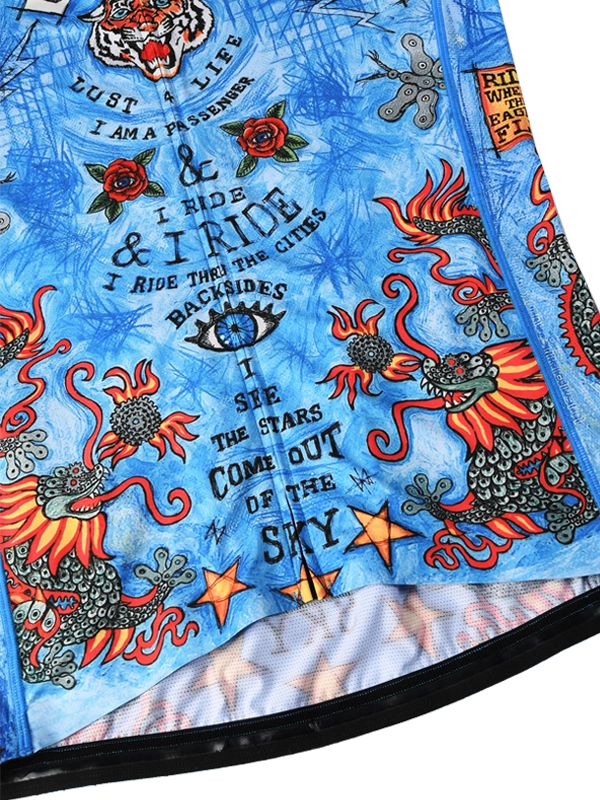 Blue men's long sleeve cycling jersey with colorful graphics and text