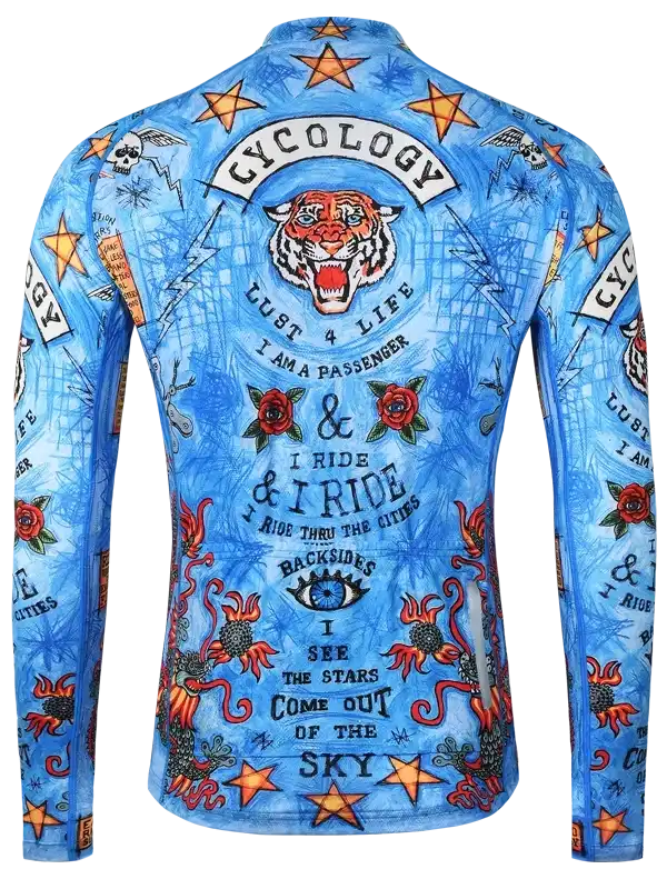 Blue long-sleeve cycling jersey with tiger, stars, roses, and bold graphics for men’s road biking