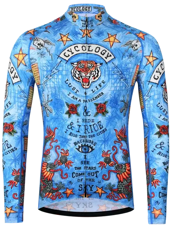 Blue cycling jersey with tiger, stars, roses, and bold text designs for men and women riders