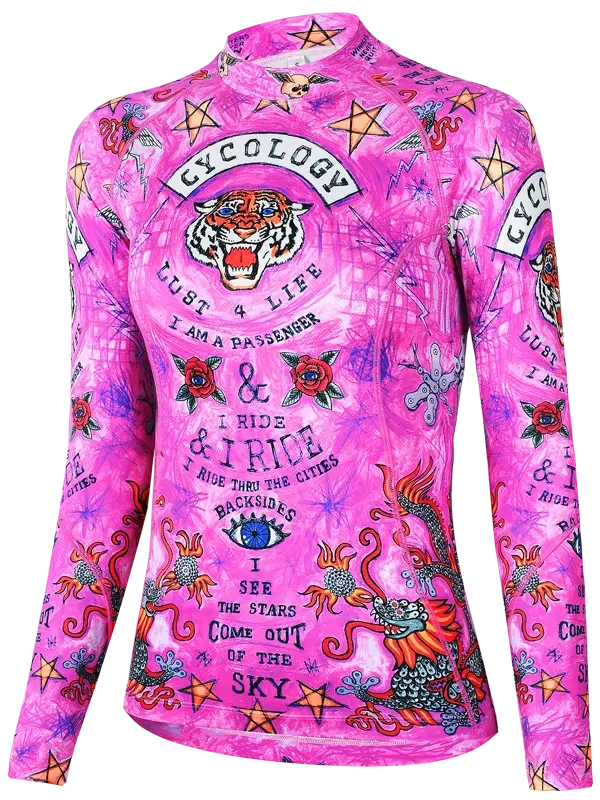 Pink long sleeve cycling base layer  with tiger design and text on a white background