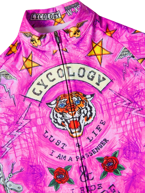 Pink long sleeve cycling jersey with a tiger and graphic designs
