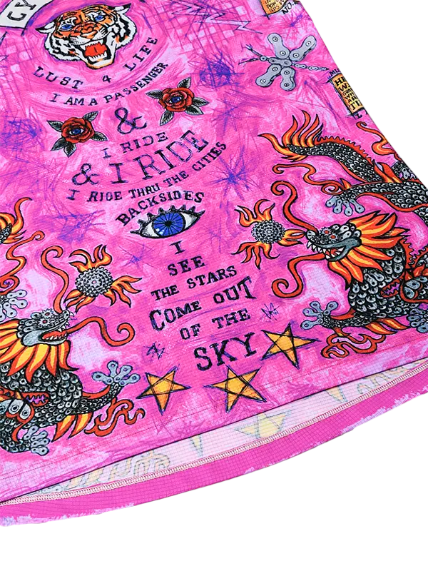 City of Angels Pink Women's Technical T shirt with colorful designs, text, and symbols 