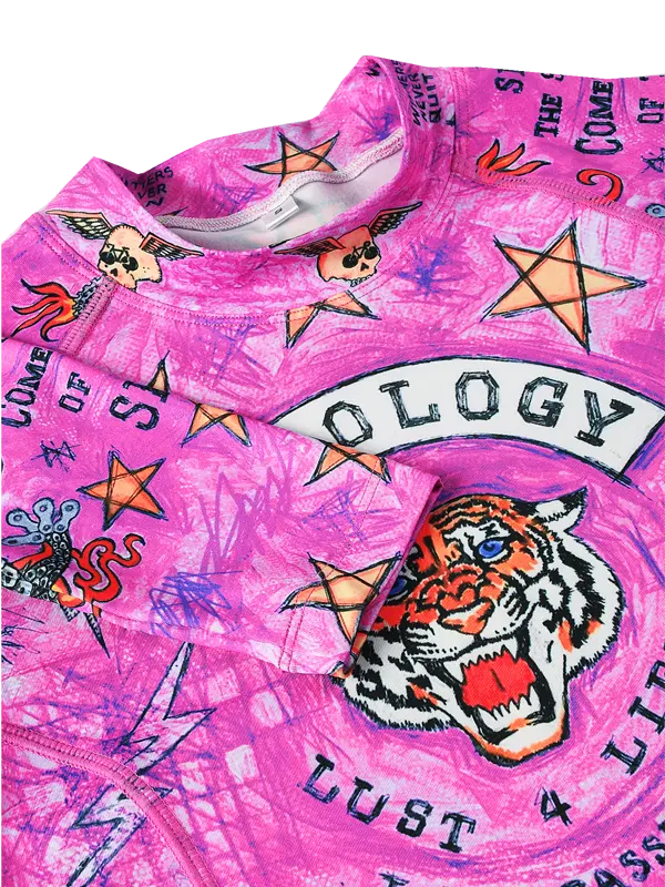 Pink long sleeve cycling base layer  with tiger design and text on a white background