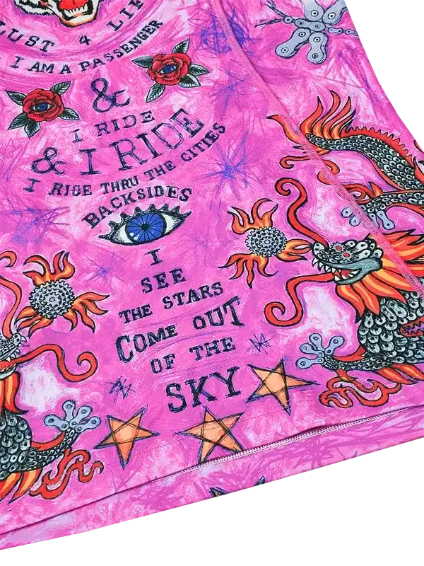 Pink cycling jersey with dragon, stars, and bold text design for men and women riders