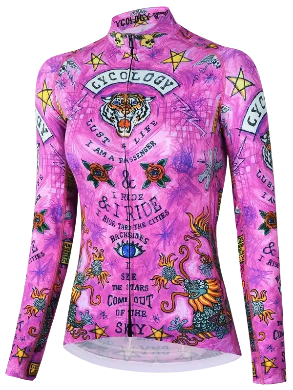 Pink women's cycling jersey with tiger, stars, and tattoo-style graphics for road biking
