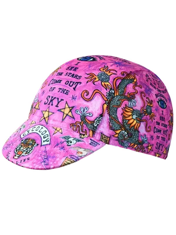 Pink cycling cap with dragon, stars, and tattoo-style graphics for men's and women's bike wear