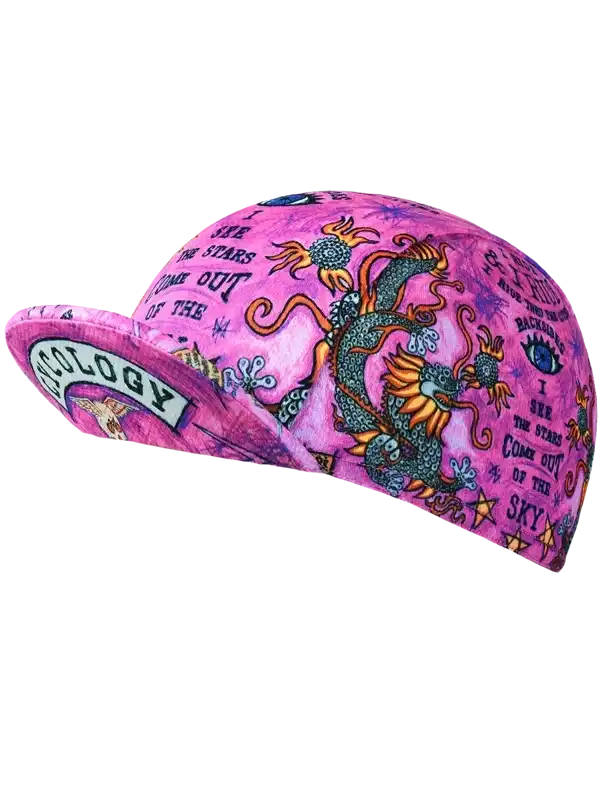 Pink cycling cap with dragon print and 'I see the stars' text, ideal for bike rides