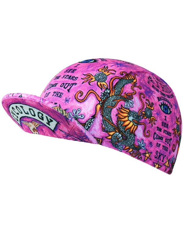Pink cycling cap with colorful designs and text 