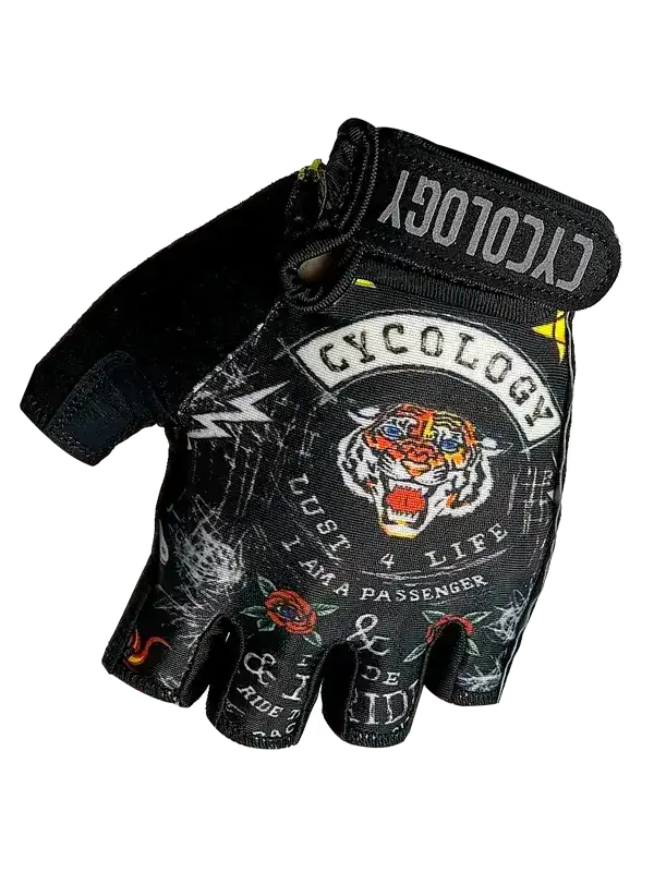 Cycling gloves with tiger graphic and 'Cycology' branding, ideal for bike rides and outdoor adventures.