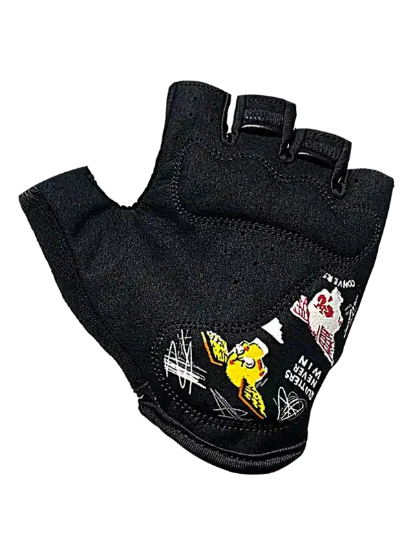Black fingerless cycling glove with cartoon graphic, ideal for men's and women's bike rides