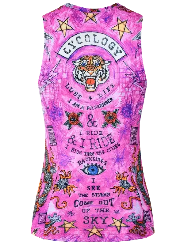 Pink sleeveless cycling vest with tiger, stars, and bold graphics for women's bike wear