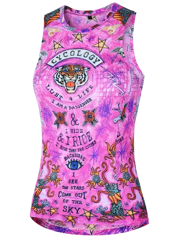 Pink sleeveless cycling jersey with tiger, stars, and bold graphics for women's bike wear