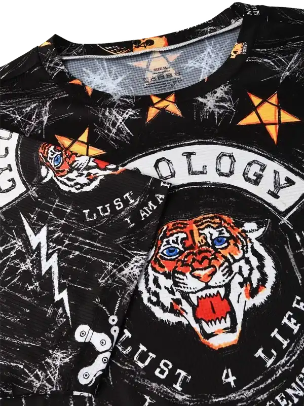 Men's cycling jersey with fierce tiger graphic, bold stars, and 'Lust 4 Life' text on black fabric