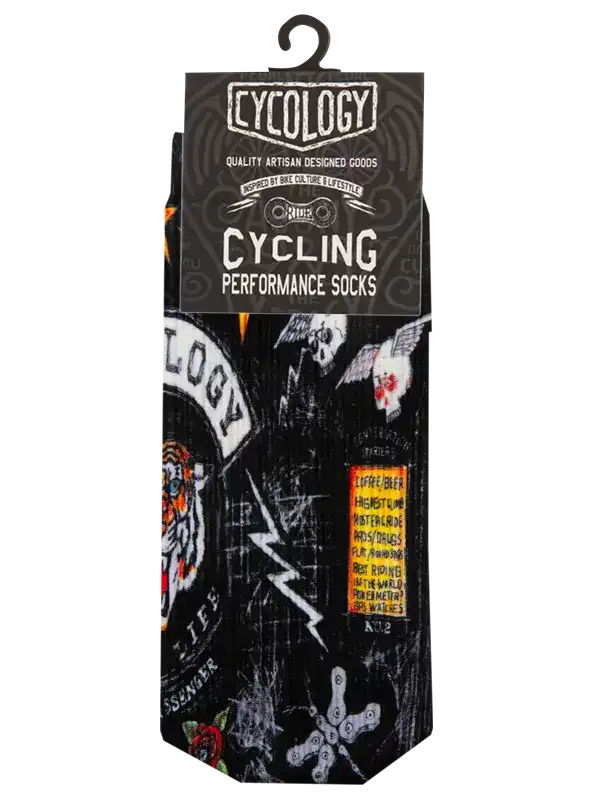 Cycling performance socks with bold graphic design, featuring skulls, lightning, and bike chain motifs for riders.