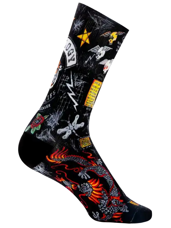 Black cycling sock with dragon, skull, and tattoo-style graphics for men and women