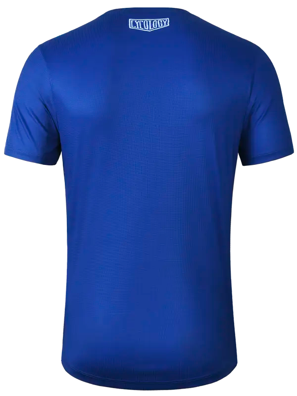 Blue t-shirt with a brand logo on the back against a white background