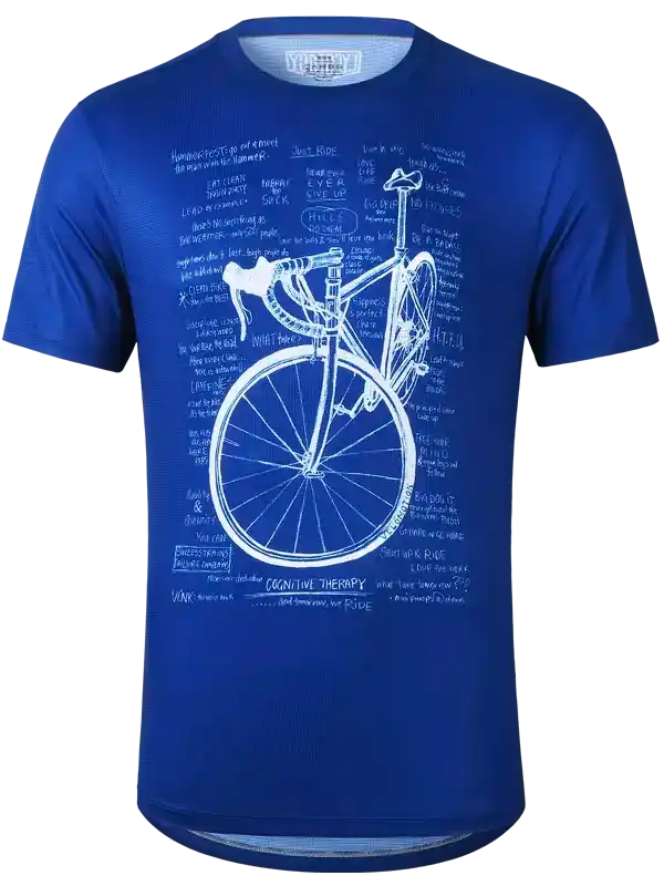 Blue cycling jersey with white bicycle blueprint and motivational cycling quotes design