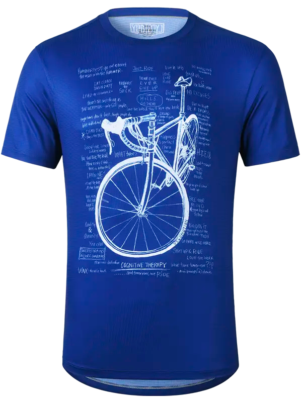 Blue t-shirt with a white bicycle design on a white background