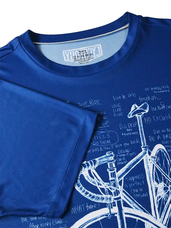Blue t-shirt with bicycle design and text 
