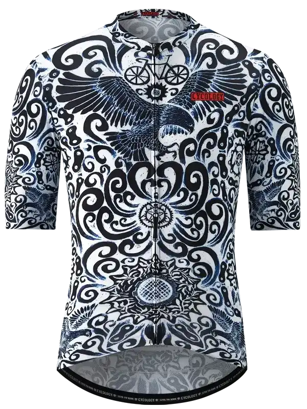 Men's cycling jersey with bold black and white eagle and swirl pattern, featuring full zip and ergonomic fit