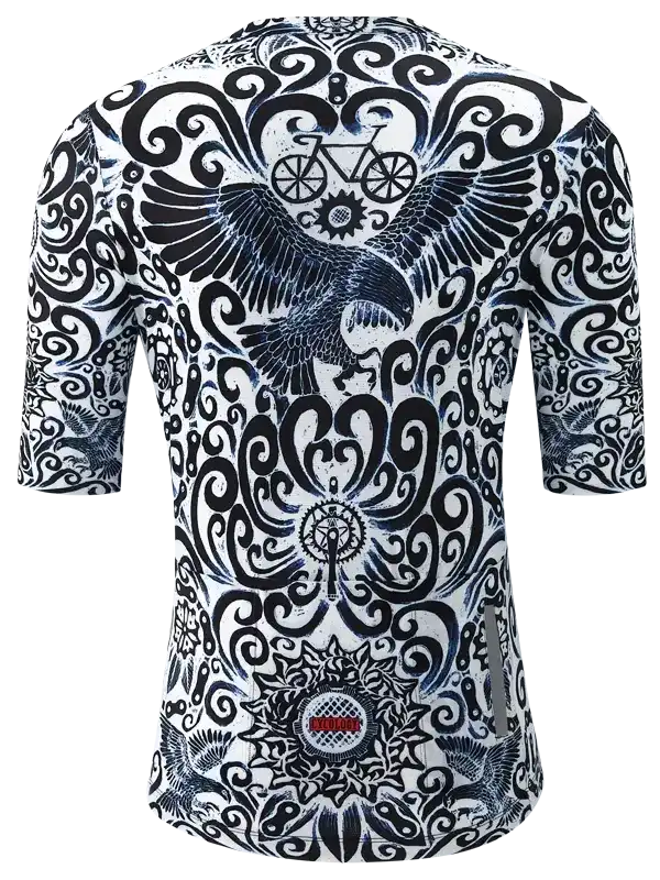 Men's cycling jersey with bold black and white eagle and bike pattern design