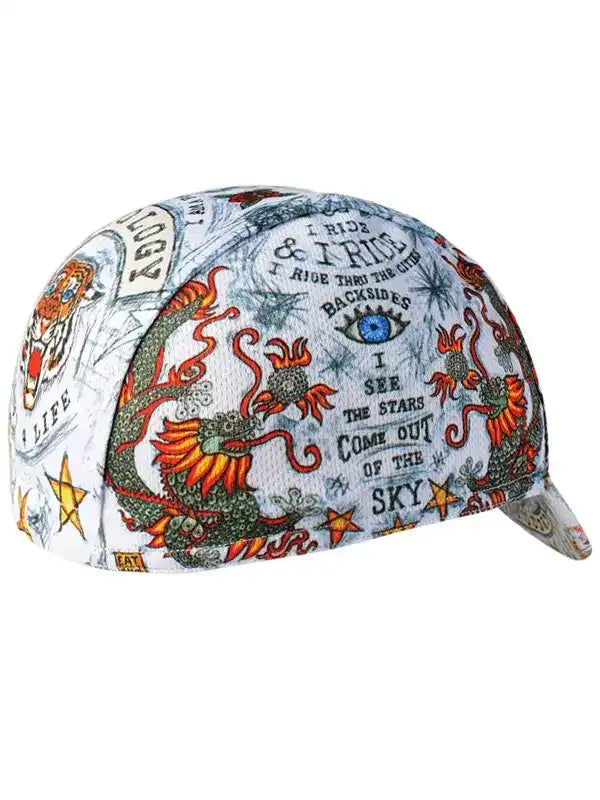 Cycling cap with dragon, stars, and 'I ride' text, unique design for bike riders