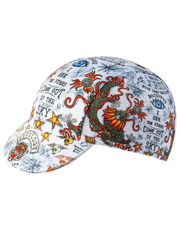 Cycling cap with dragon and star print, bold text design for bike riders