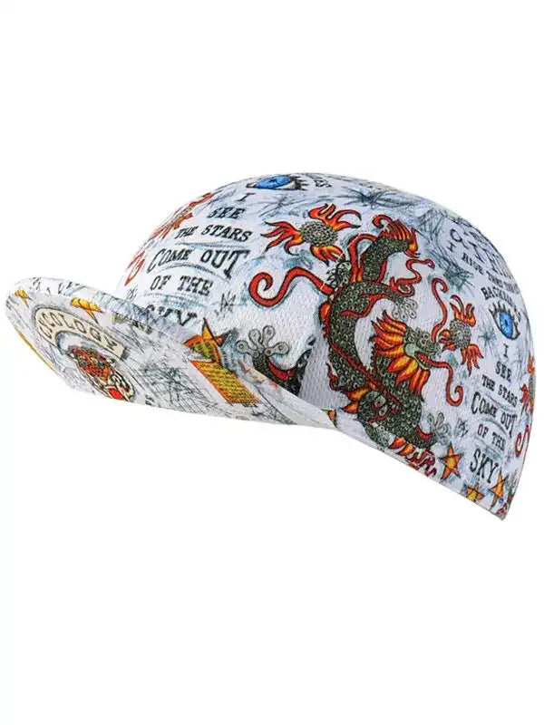 Cycling cap with dragon and star print, ideal for men's and women's bike rides