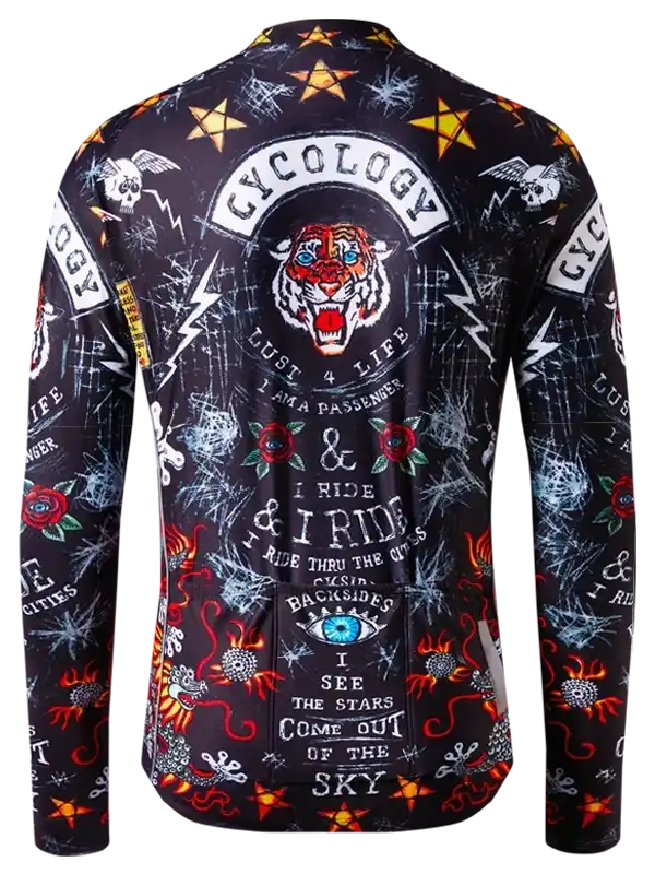 Men's long sleeve cycling jersey with tiger, roses, and edgy graphics for road biking