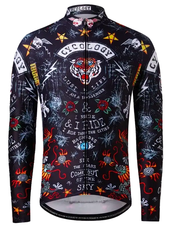 Men's long sleeve cycling jersey with bold tiger, skulls, and flame graphics on black background