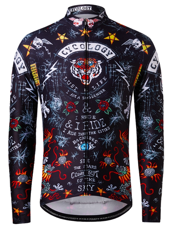 Colorful winter cycling jersey with intricate designs and tiger on a black background