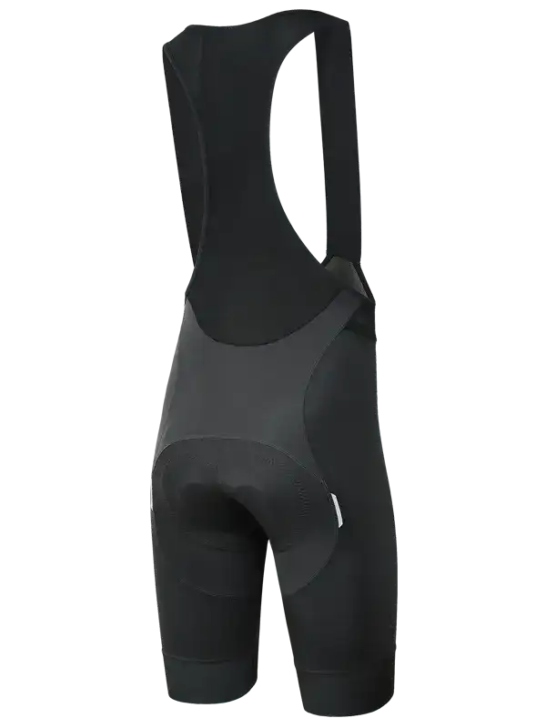 Black men's cycling bib shorts with padded chamois, ergonomic design for comfort and performance